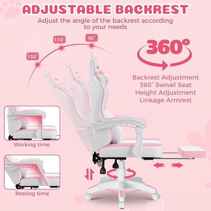 Pink Gaming Chair for Girls Cute Massage Computer Chair with Cat Ears | Cute Computer Office Chair Ergonomic Reclining Gamer Chair with Footrest Lumbar Support PC Game Chairs for Women Adults - Image 8