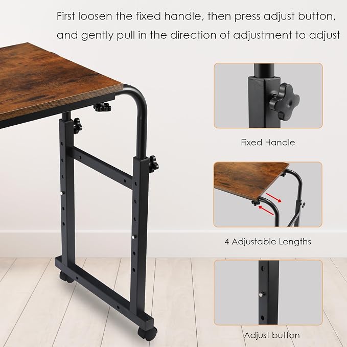 Arlopu Overbed Table with Wheels,60.6-84.2 inches Mobile Bed Desk, Brown - Image 3