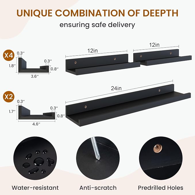 Picture Ledge Shelf, Floating Shelves for Wall Decor, Black, Set of 6, 24'' - Image 3