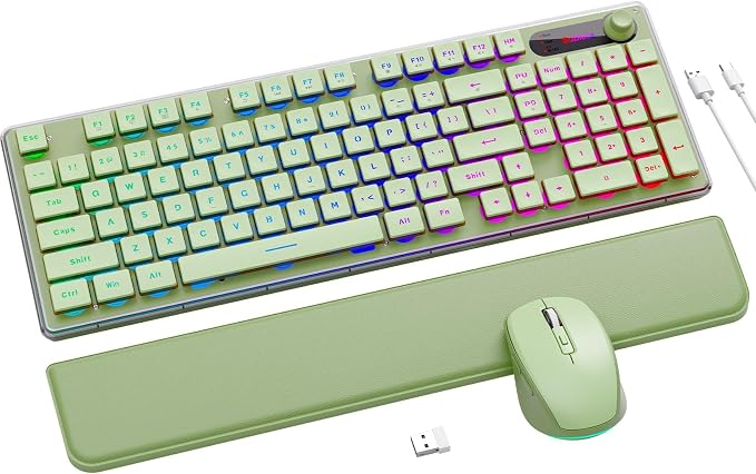 Wireless Keyboard and Mouse Combo - 9 Backlit Effects, Wrist Rest, Double-Shot Keycaps, Metal Panel, Long-Lasting Rechargeable, 2.4G Keyboard Mouse Set for Windows Mac PC Laptop – Sablute (Green) by SABLUTE