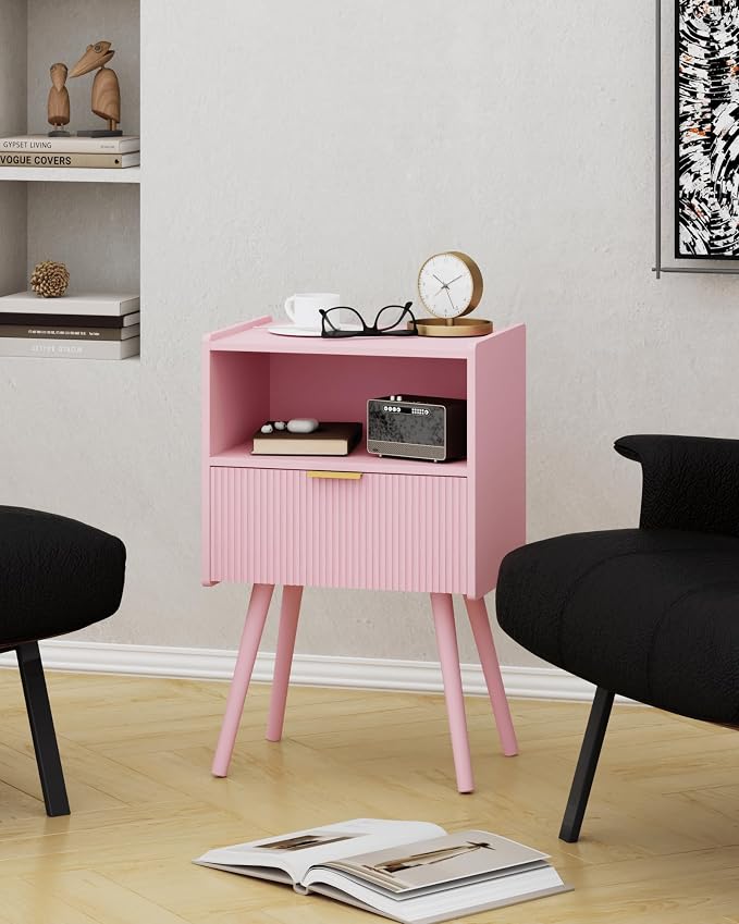 JOONEE Nightstand,Modern Bedside Table with Storage Drawer and Open Wood Shelf, for Living Room, Bedroom and Small Spaces, Accent Night Stand with Solid Wood Legs, Easy Assembly,Classic Pink - Image 7