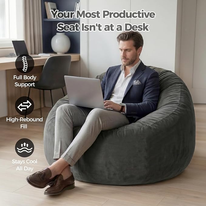 ACH 4ft Bean Bag Chair for Adults, Large Oversized Memory Foam Floor Chair, Machine Washable Velvet Cover, Living Room and Bedroom (Grey, Large) - Image 5