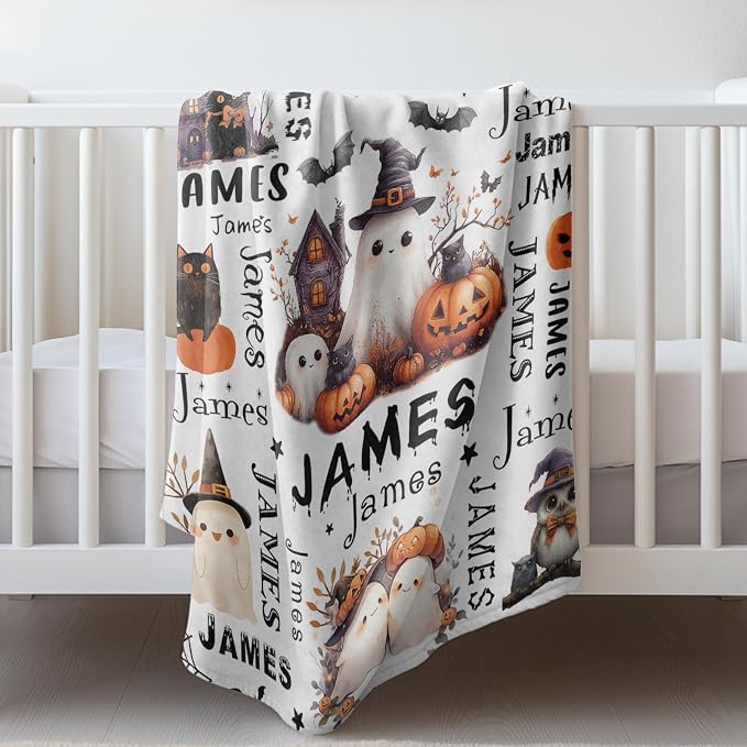 Ship Next Day, Custom Halloween Blanket - Printed in USA, Personalized Baby Blankets with Name, Gift for Kids Girls Boys, Unique Present for Birthday, Christmas, Halloween Bats Toddler Blanket - Image 8