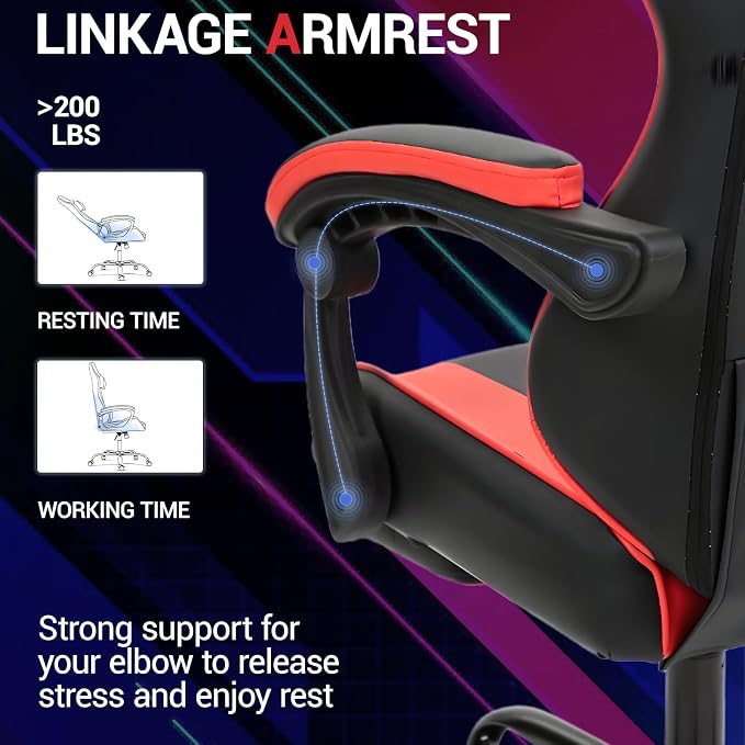 Gaming Chair with Footrest for Adults, PU Leather Massage Racing Video Game Chair w/Lumbar Support for Men Women, Ergonomic Computer Gamer Chair for Home Office, Height Adjustable, Red - Image 5