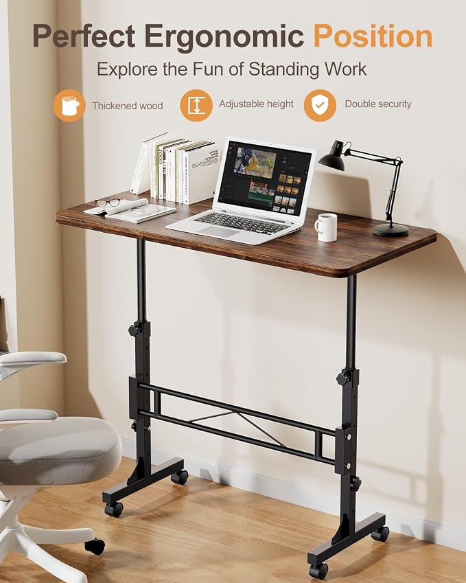 Amztabler Small Standing Desk Adjustable Height, Mobile Stand Up Desk with Wheels, 32 Inch Portable Rolling Desks Conference Room Tables for Walking Pad Treadmill Wood Rustic - Image 2