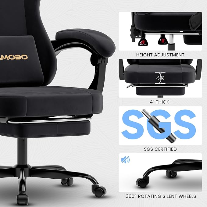 Gaming Chair with Footrest, Game Chair with Lumbar and Headrest Massage Support for Adults, Ergonomic Fabric High Back Computer Desk Gamer Chair with 360°Swivel Wheels for Office, Black - Image 6