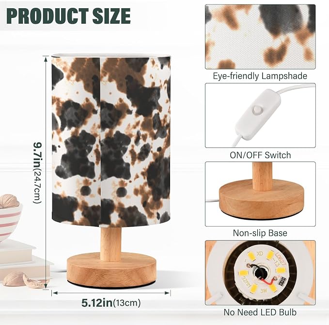 Bedside Table Lamp Cow Tie Dye Print Nightstand Lamp with Wood White Black Brown Animal Skin Desk Lamps for Bedroom Living Room Nursery Office Home Decor - Image 3