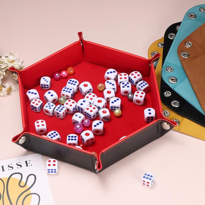 HARFINGTON PU Leather Dice Tray Unisex Valet Tray Folding Hexagon Tray Portable Entryway Table Nightstand Bedside Desk Holder for Key Wallet Watch Coin Jewelry, Red - Image 6
