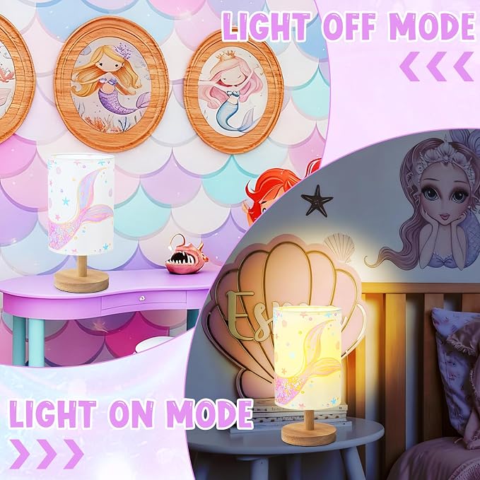 Mermaid Table Lamp for Kids Bedroom - Mermaid Tail Pastel Kids Bedside Lamp with Linen Wooden Nightstand Nursery Lampshade for Girls Room Decor - Image 4