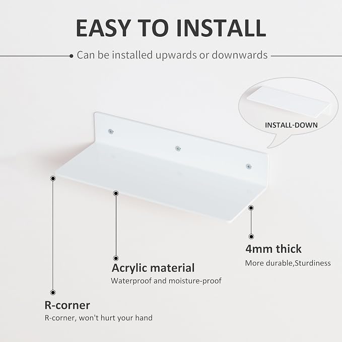 4 Pack White Acrylic Floating Shelves 15 Inches, Wall Hanging Bathroom Shelves, Wall Organizer Shelf for Kitchen, Living Room, Bathroom, Retail, Supermarket, 4 Pack - Image 4