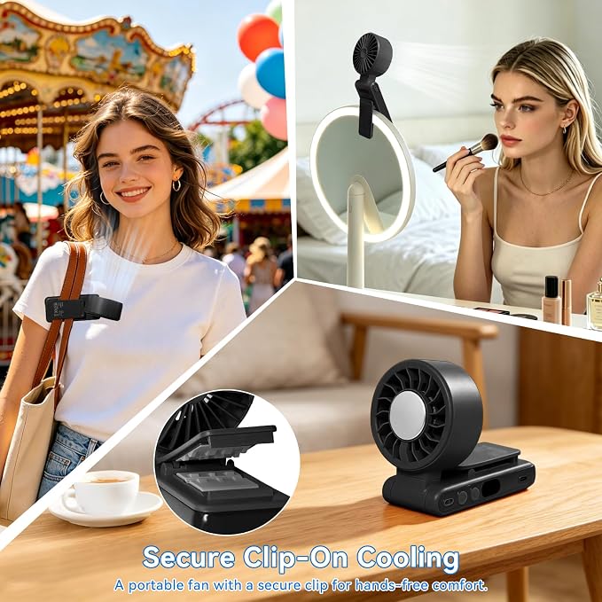 Handheld Portable Turbo Fan with Ice Cooling,5 Speed Rechargeable LED Display Foldable Hand Held Personal Clip/Neck/Waist Fan,180°& 360° Adjustable,Pocket Mini Fan for Outdoor/Home/Office (Black) - Image 4