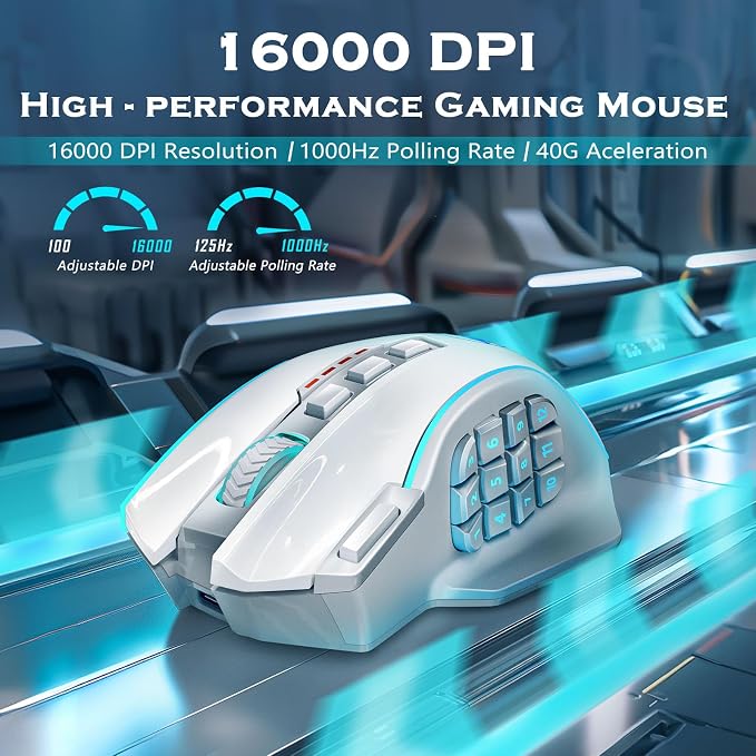 Redragon Wireless Gaming Mouse, MMO Gaming Mouse UP 16,000 DPI, 16 Macro Programmable Buttons, RGB Rechargeable Mouse with 12 Side Buttons, 70Hrs for PC Laptop MOBA FPS, White,M901P-WS - Image 2