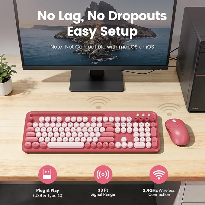 Wireless Keyboard and Mouse Combo, Retro Round Keycaps, Full-Size Stylish Typewriter Keyboard with Large Phone/Tablet Holder, 3-Level DPI Ergonomic Mouse, 2.4GHz Cordless for Windows PC, Rose Pink - Image 7