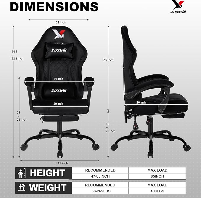 Fabric Gaming Chair for Adults,400lbs Ergonomic Office Chair with Footrest | Black Computer Chair with High Back,Racing Style, Spring Wide Cushion, Adjustable Headrest & Lumbar Support, 90-135° Recline - Image 3