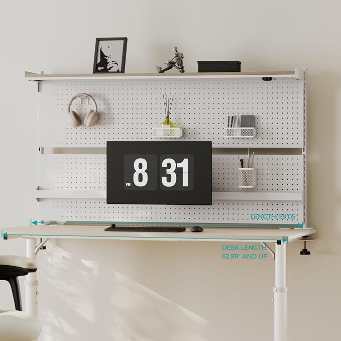 EUREKA ERGONOMIC Desk Pegboard Dual Monitor Stand 59x34 White | Large steel pegboard with dual monitor stands, LED lighting, privacy panel and modular accessories for gaming desks - Image 2