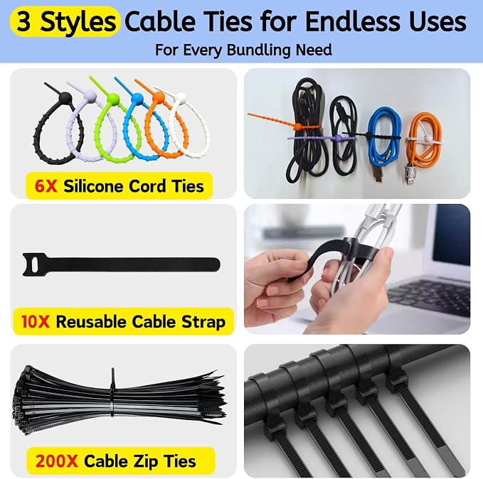 [261Pcs] Cable Management Kit, Cord Organizer, Complete Desk Cable Management Solution to Keep Desk Clean, Cable Organizer Accessories for Home Office Essentials, Black - Image 3