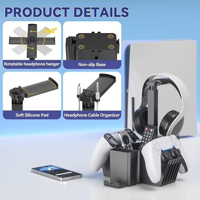 KDD Dual Controller Holder with Headphone Stand - Multi-Functional Desk Storage Box with Phone Holder - Universal Controller Stand with Desktop Organizer for Remote Control Pen Accessories(Black) - Image 6
