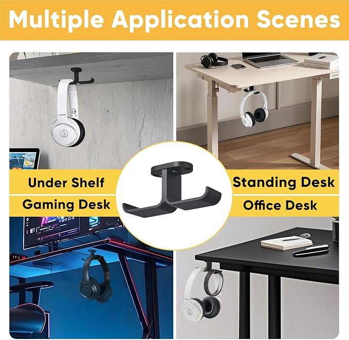 Under Desk Headphone Hanger with Strong Adhesive and Screws Mount, 360° Rotatable Dual Headset Holder Stand, Aluminum Metal Adjustable Headphone Hook, Perfect for Home Gaming & Office - Black - Image 6
