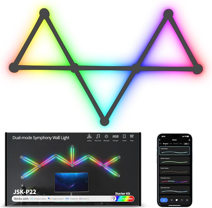 Smart Wall Light Lines, WiFi RGB LED Light Bars, 16M+ Color Dimmable Music Sync DIY Home Decor Light Bars for Gaming Party Streaming Lovers, Work with Alexa & Google Assistant (9 Lines,Black) by KOBAIBANlightshineyoulife
