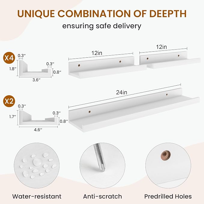Picture Ledge Shelf, Floating Shelves for Wall Decor, White, Set of 6, 24'' - Image 3