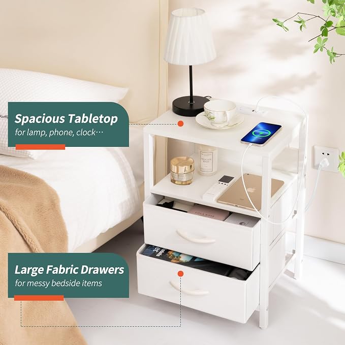 Yoobure Nightstand with Charging Station, Small Night Stand with Fabric Drawers and Storage Shelf for Bedrooms, Nightstands for Small Spaces, Bedside Table with USB Ports & Outlets, Bed Side Table - Image 5
