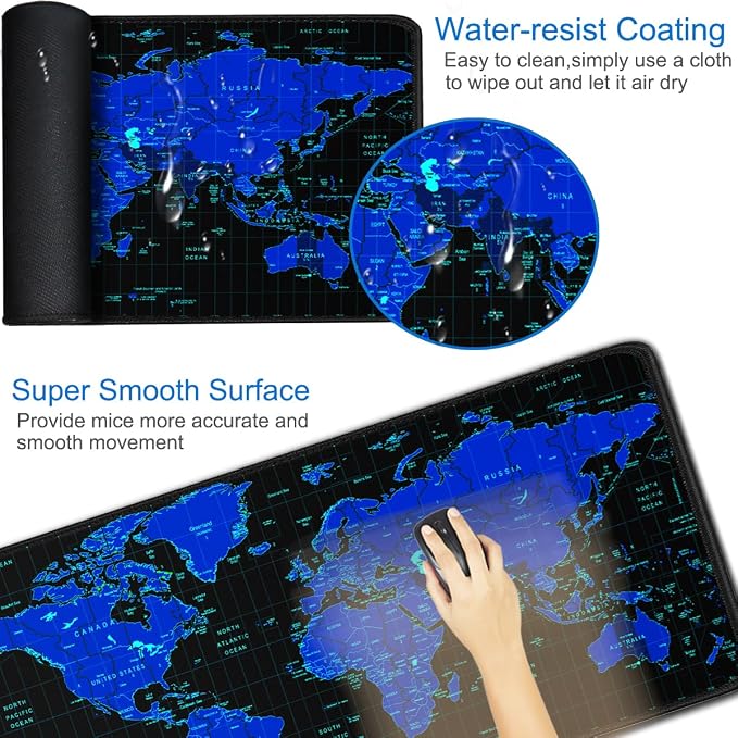 Gaming Mouse Pad, 31.5x15.7 inch Large Extended Computer Keyboard Mouse Mat, Water Resist Non-Slip Mousepad Rubber Base Long XXL Desk Mouse Pad for Work & Gaming, Office & Home, Blue Map - Image 3