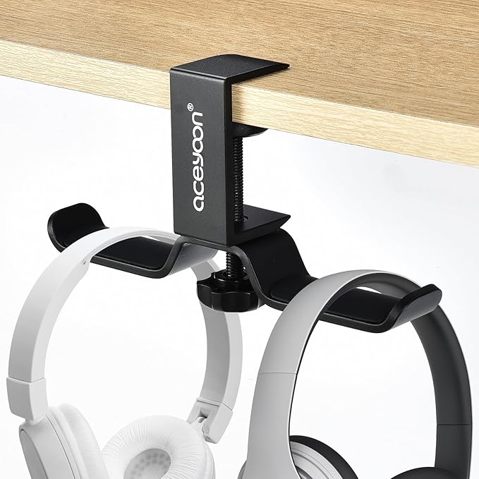 aceyoon Foldable Headphone Stand for Desk, Aluminum Headset Stand Clamp Hook Under Desk Space Save Mount, Headset Holder for Gaming Headphone, Office, Backpack, Bag, Purse Hanging (Black) by aceyoon