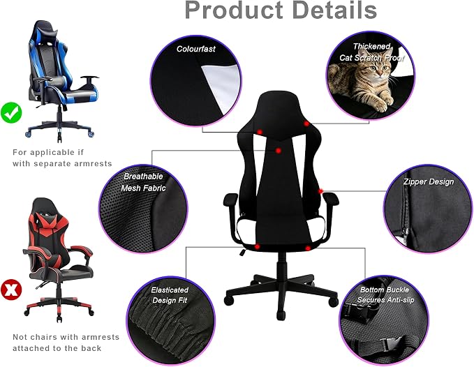 Gaming Chair Covers Only,Stretchable Fit Thick Breathable Mesh | Cat Scratch Proof,Scratch Resistant,Soft,Gaming Chair Seat Cover with 2Pcs Armrest Slipcovers(Black-white,Style 2) - Image 6