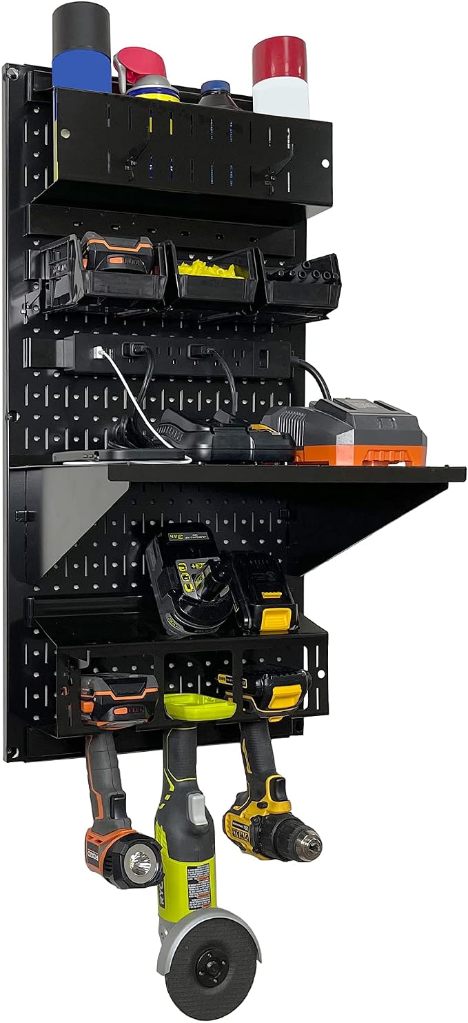 Wall Control Power Tool Storage Organizer Kit Cordless Drill Holder Charging Station Rack 16” x 32” Metal Pegboard Organization System (Black Pegboard) - Image 3