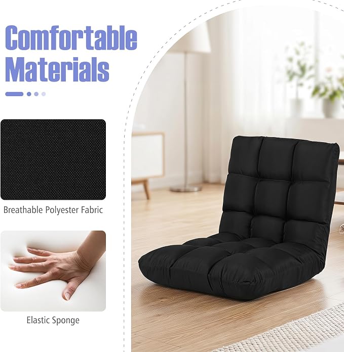 Giantex Adjustable Floor Gaming Sofa Chair 14-Position Cushioned Folding Lazy Recliner High Resilience Sponge, Breathable Cotton & Linen Fabric Sleeper Bed Couch Recliner (Black) - Image 5