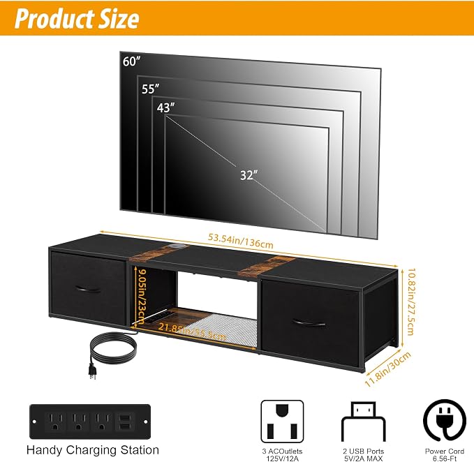 Floating TV Stand with Power Outlet, Wall Mounted Entertainment Center with Drawers, Rustic Brown Industrial Media Console Shelf for Living Room, Bedroom（Black） - Image 4