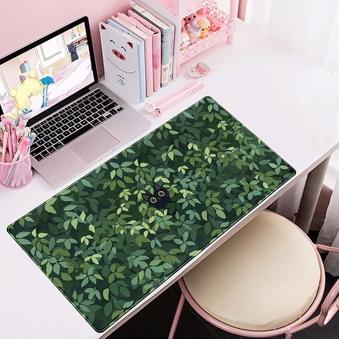 Cute Cat Desk Mat Kawaii Green Desk Pad - Large Gaming Mouse Pad Laptop Mat | Desk Pad Large Anime Gaming Mouse Pad for Desk Computer Office Keyboard Laptop 31.5x15.7 in - Non-Slip Base, Stitched Edges - Image 5