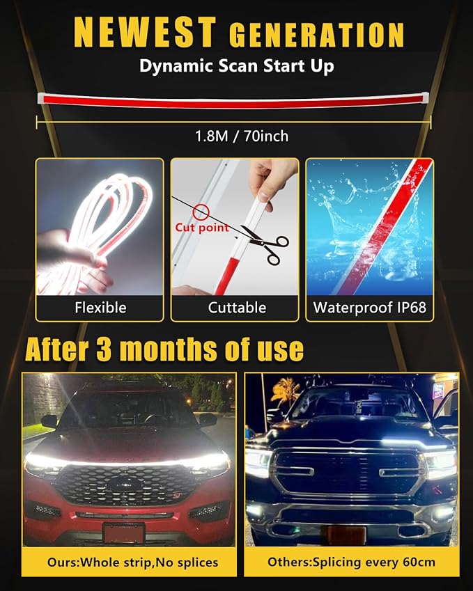 YM E-Bright LED Hood Light Strip, White Dynamic Scan DRL 12V 70inch 1Set - Image 2