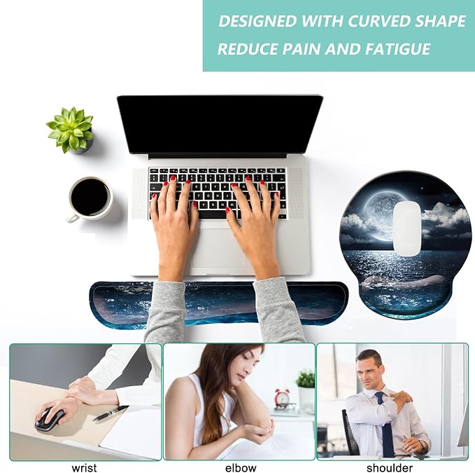 Keyboard Wrist Rest Pad Mouse Pad with Wrist Support Set of 3, Mousepad with Non-Slip Rubber Base, Ergonomic Memory Foam Mouse Wrist Cushion Support for Home Office Laptop Computer, Moonlit Night - Image 4