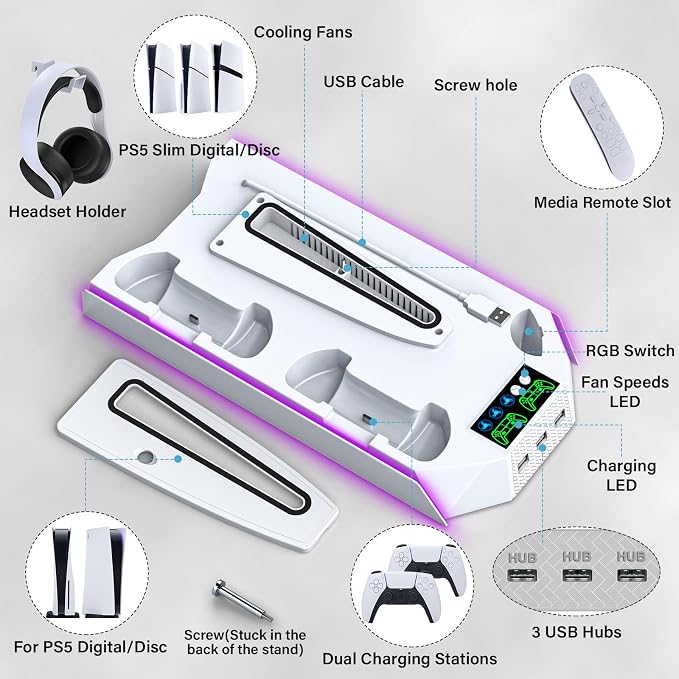 Slim Cooling Station Stand LED with Dual Controller Charging Station for PlayStation 5 Console, PS 5 Accessories Incl. Controller Charger, Cooling Fan, Headset Holder, 3 USB Hub- LED White - Image 6