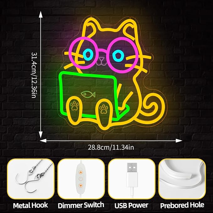 Nerd Cat Neon Sign Technical Support Cat Led Sign Dimmable Kitten with Glasses Playing Laptop Computer Neon Lights Funny Gift for Programmers Cat Lovers - Image 5