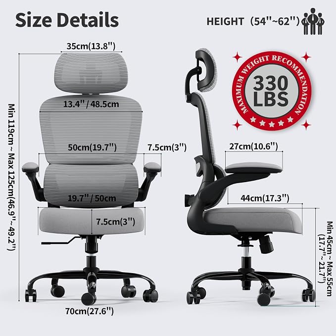 TRALT Office Chair Ergonomic Desk Chair - Gaming Chair with Lumbar Support | 330 LBS Home Office Desk Chairs with Headrest, Reading Chair with Flip-up Armrests, Comfortable Computer Chairs (1, Grey) - Image 2