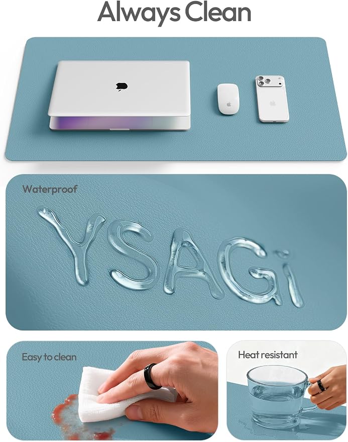 YSAGi Leather Desk Protector, Office Mat, Large Mouse Mat, Non-Slip PU Leather Blotter, Laptop Desk Mat, Waterproof Writing Pad for Office and Home(Aquamarine, 55" x 24") - Image 8