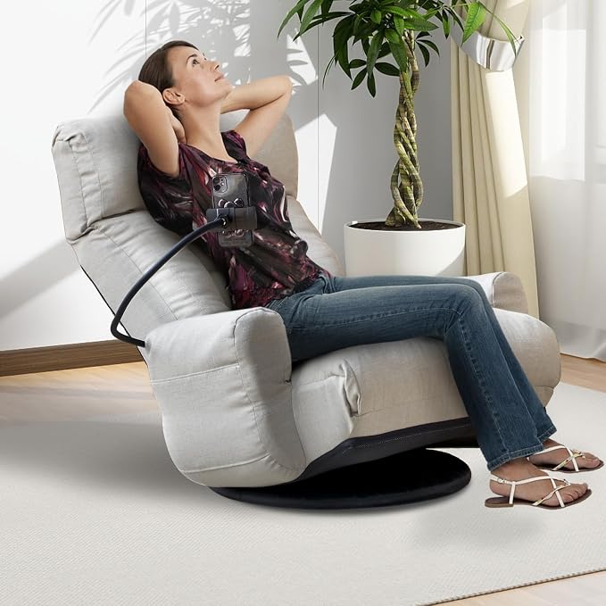 360° Swivel Floor Gaming Chair Linen Folding Lounge Sofa Chair with Adjustable Head and Waist, Armrests & Phone Holder, Padded Cushion Leisure Chairs for Living Room Bedroom (Grey) - Image 8