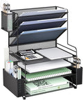 WALI Desk File Organizer, 7 Tier Desktop Paper Letter Tray Organizer with Drawer and 3 Pen Holders, Office Desk Accessories & Workspace Organizers for Office, Home, School Supplies, 1 Pack, Black by WALI