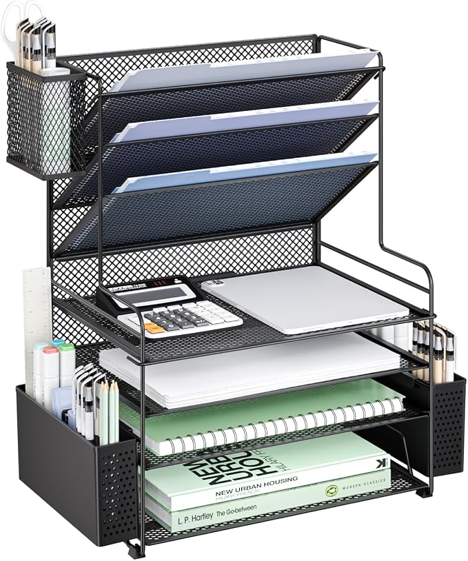 WALI Desk File Organizer, 7 Tier Desktop Paper Letter Tray Organizer with Drawer and 3 Pen Holders, Office Desk Accessories & Workspace Organizers for Office, Home, School Supplies, 1 Pack, Black by WALI