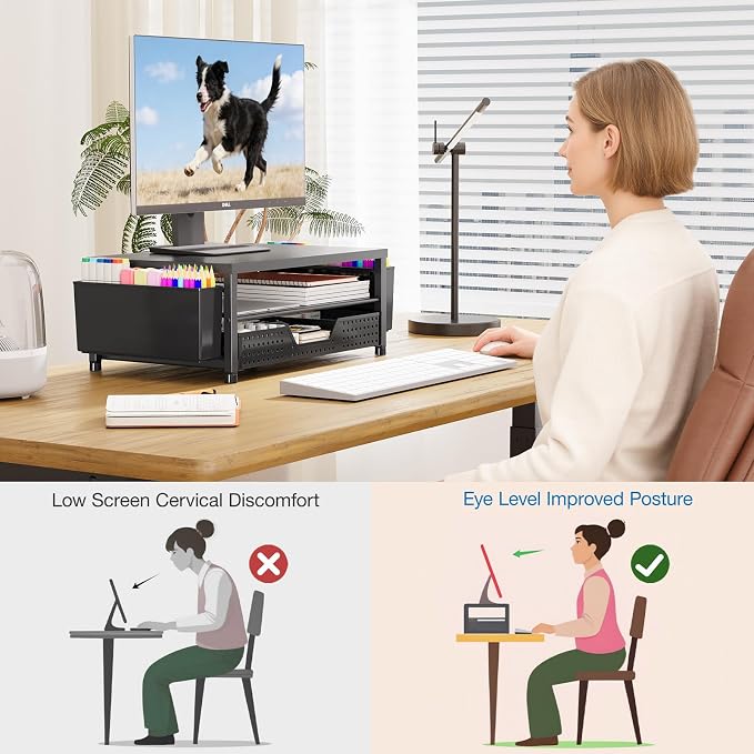 OPNICE Desk Organizers and Accessories, Computer Monitor Stand Riser with Drawer and 2 Pen Holders, Printer & Laptop Stand, Office Desk Accessories & Workspace Organizers for Home Office Supplies, Black 2-Pack - Image 7