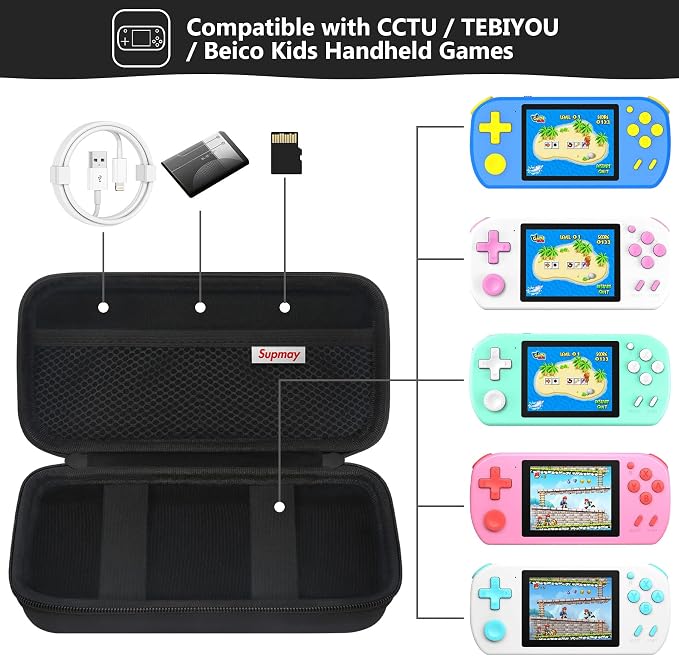 Supmay Carrying Case Compatible with CCTU / TEBIYOU Kids Handheld Games Preloaded 218 Retro Video Games, Portable Gaming Electronic Toys Storage Holder Travel Bag with Mesh Pocket for USB Cable, Black - Image 2