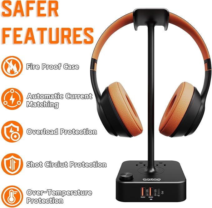 cozoo Headphone Stand with Charger for Desk, Gifts for Gamers Men, Black | Gaming Headset Stand Holder for Desk, 3 USB(1 USB C) and 2 AC Outlets Charging Ports, Headphone Hanger, Gamer Gifts for Men - Image 5