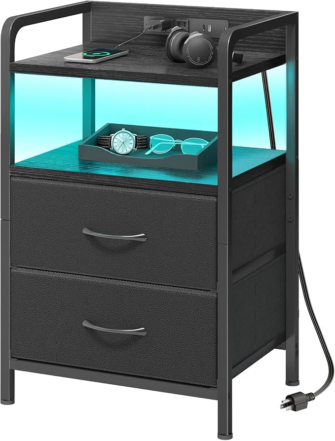 Fixwal Black Led Nightstand, Rear Charging Station, 2 Fabric Drawers by Fixwal