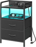 Fixwal Black Led Nightstand, Rear Charging Station, 2 Fabric Drawers by Fixwal