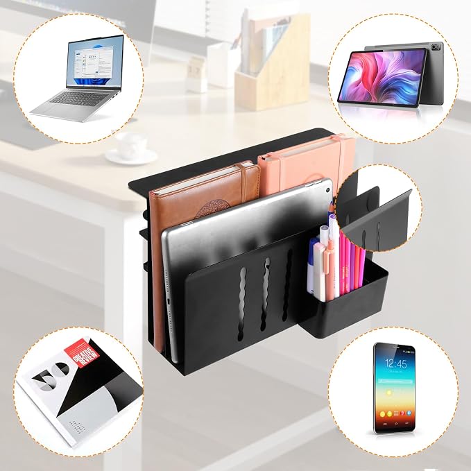 Desk Side Storage, 2 Tier Steel Hanging Organizer, No Drill Side Desk Organizer, Laptop Holder, with Pen Holder, For Office Supplies & Studio Essentials Black - Image 4
