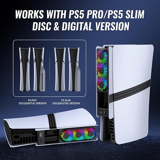 Cooling Fans for PS5 Pro/Slim, Adjustable 3 Speed Fans with LED Light, Quiet and Efficient Cooling System,USB 3.0 Port for PlayStation5 Pro/Slim Disc/Digital Edition Console-Black&White - Image 4
