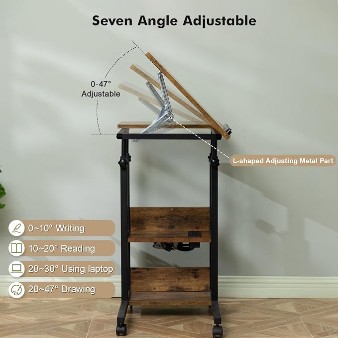 Hadulcet Adjustable C Table with Charging Station, Tiltable Desk C Shaped End Table for Couch, Over Bed Table with Wheels Adjustable Height, Hospital Table Laptop Stand Drawing Desk, Rustic Brown - Image 6