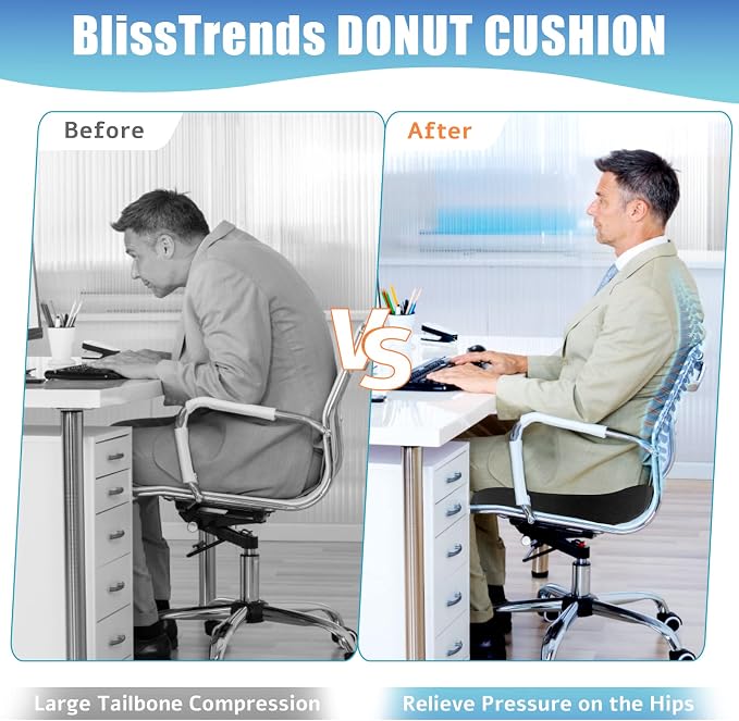 BlissTrends Donut Pillow Seat Cushion, Memory Foam Lifting Cushions | Donut Chair Cushions for Postpartum Pregnancy&Hemorrhoids,Tailbone Pain Relief Cushion for Office&Home Chairs(X-Large/Black) - Image 5